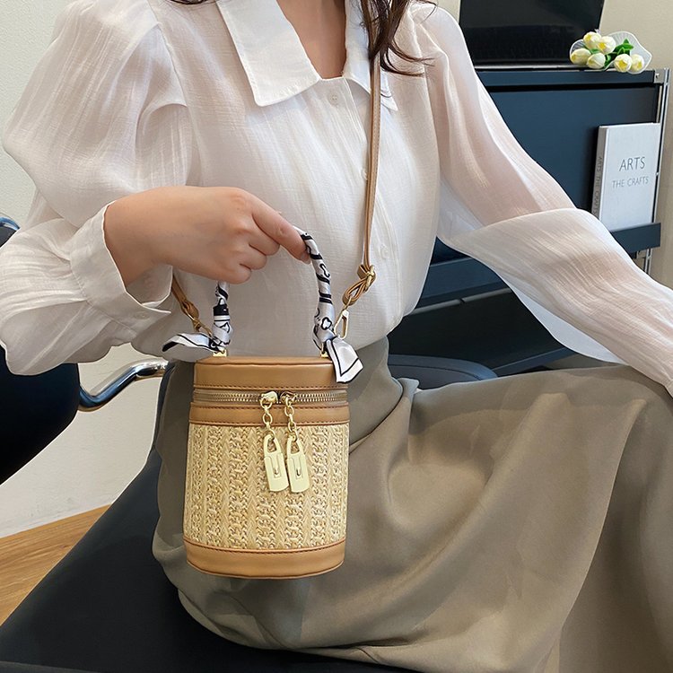 PU Bucket Crossbody Bag with Zipper and Stitching - White,Khaki,Coffee - One Size - Image 2