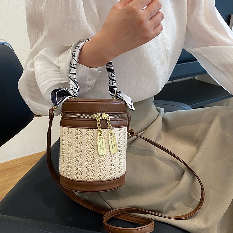 PU Bucket Crossbody Bag with Zipper and Stitching - White,Khaki,Coffee - One Size - Image 3